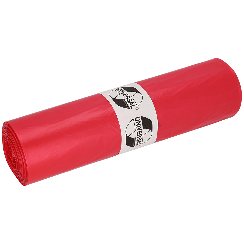 Na zdjęciu znajduje się rolka czerwonych worków na śmieci EMIL DEISS KG (GmbH + Co.) DEISS 41001, 700x1100x0,023 mm (50 worków/rolka), z białą etykietą "UNIVERSAL" owiniętą wokół środka, na jednokolorowym, jasnym tle.