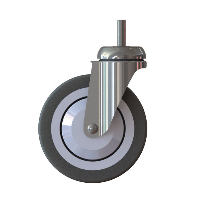 Koło TASKI Trolley - Standard (125 mm, 1 sztuka) od Diversey Deutschland GmbH & Co. OHG to obrotowe koło kierunkowe do systemów TASKI Trolley w profesjonalnym sprzątaniu, przedstawione z metalowym trzpieniem i szarą gumową oponą na białym tle.