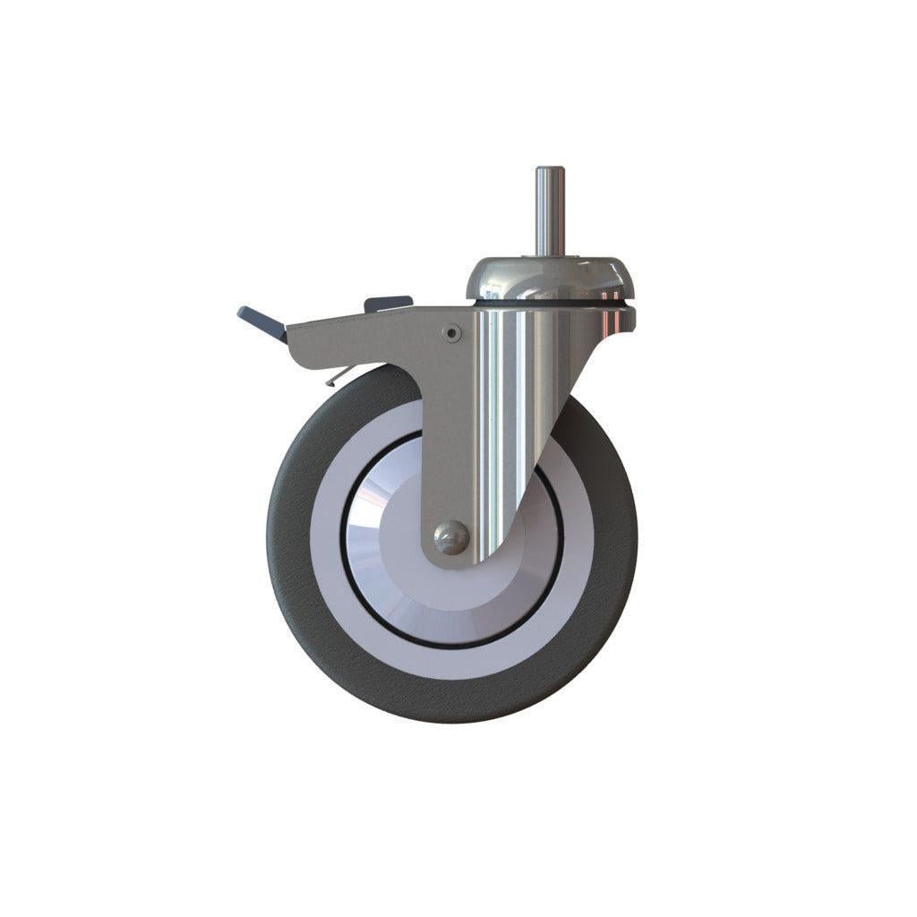 Koło TASKI Trolley - Standard od Diversey Deutschland GmbH & Co. OHG to obrotowe koło o średnicy 125 mm z hamulcem, z ciemną gumową krawędzią i metalowym rdzeniem, które zostało zaprojektowane dla wózka TASKI. Opakowanie zawiera 1 koło.