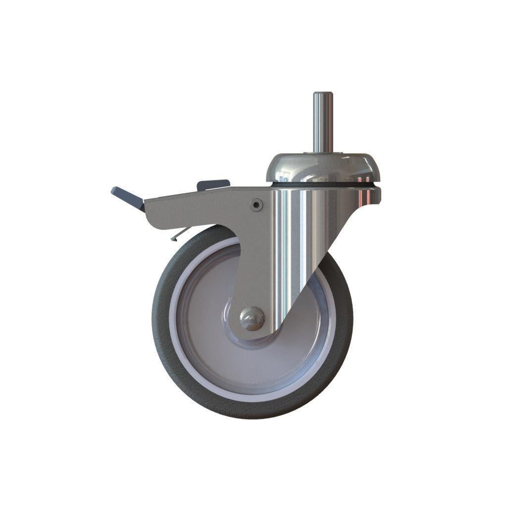 Koło TASKI Trolley 100mm z hamulcem od Diversey Deutschland GmbH & Co. OHG to obrotowe koło z hamulcem, szarą oponą, metalowym widelcem i centralnym mocowaniem do wózków TASKI; w komplecie z metalową dźwignią hamulca. Sprzedawane jako pojedyncza jednostka.
