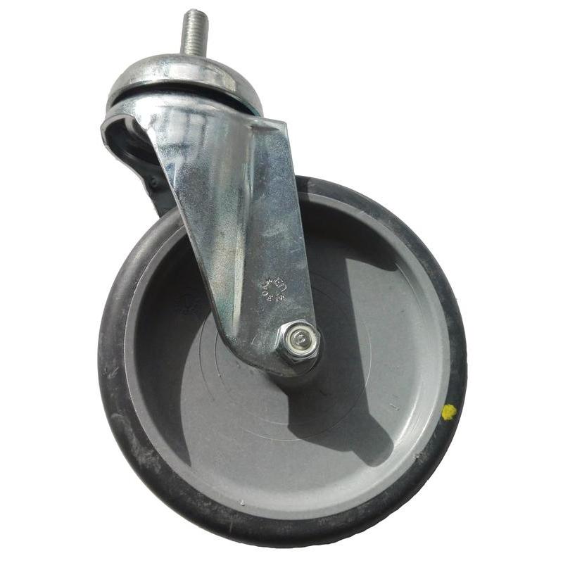 Koło TASKI Trolley od Diversey Deutschland GmbH & Co. OHG to pojedyncze koło skrętne o średnicy 125 mm z trzpieniem gwintowanym, zaprojektowane do podłóg ESD i kompatybilne z wózkiem TASKI. Opakowanie zawiera 1 sztukę. Izolowane na białym tle.