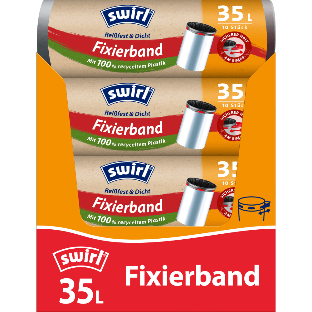 Trzy rolki Swirl worki na śmieci z taśmą mocującą 35 l Wytrzymałe i szczelne od Melitta Europa GmbH & Co. KG z 10 workami w pomarańczowo-czerwonym opakowaniu, wykonane z recyklingu plastiku i z elastyczną taśmą mocującą dla bezpiecznego zamknięcia.