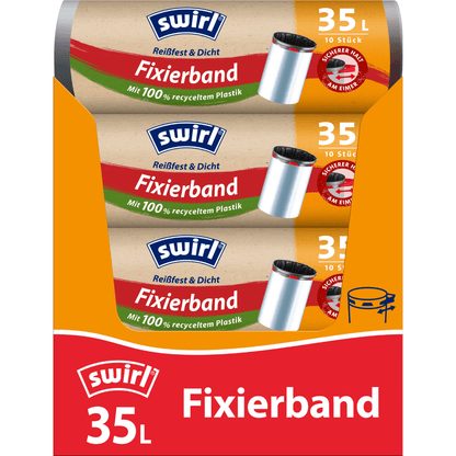 Trzy rolki Swirl worki na śmieci z taśmą mocującą 35 l Wytrzymałe i szczelne od Melitta Europa GmbH & Co. KG z 10 workami w pomarańczowo-czerwonym opakowaniu, wykonane z recyklingu plastiku i z elastyczną taśmą mocującą dla bezpiecznego zamknięcia.
