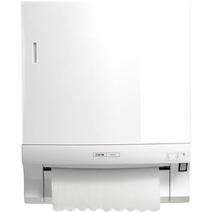 Na ścianie zamontowany jest dozownik ręczników papierowych w rolkach CWS ParadiseLine Paperroll (biały, 1 sztuka). Z dozownika wystaje pasmo papieru, wąskie okienko i ikona w prawym dolnym rogu symbolizują higieniczne suszenie rąk.