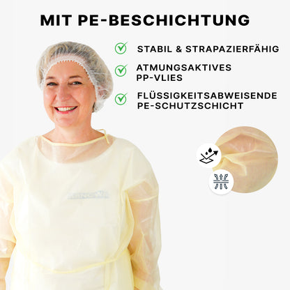 Kobieta w jednorazowym fartuchu ochronnym ARNOMED Virendichter, żółtym, powłoka PP/PE (ARNOWA GmbH), uśmiecha się z przykryciem na włosy. Tekst i zbliżenia pokazują powłokę PE, oddychalność, wytrzymałość i odporność na płyny fartucha za pomocą symboli.