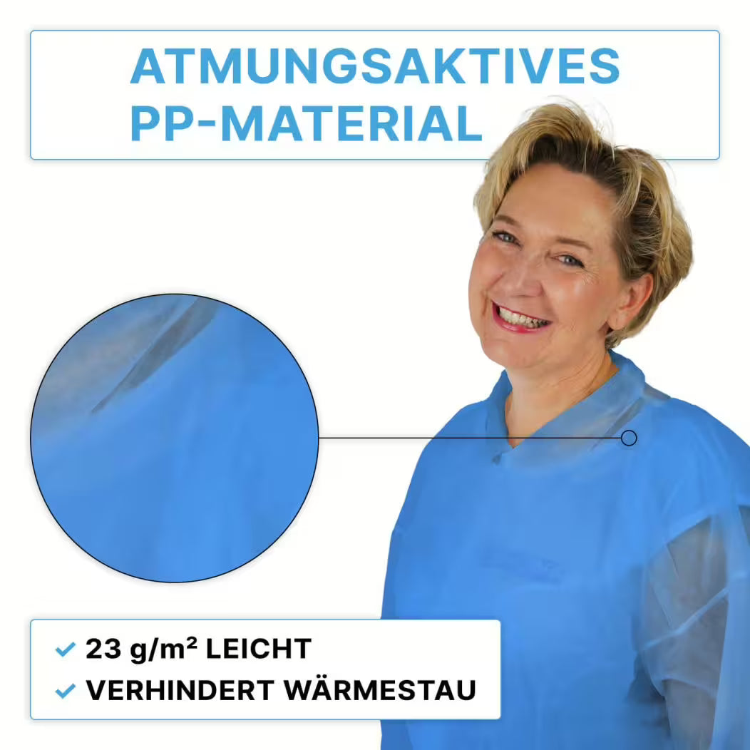 Eine lächelnde Frau trägt den ARNOMED PROTECT PP-BESUCHERKITTEL BLUE Einweg Besuchermantel mit Druckknöpfen von ARNOWA GmbH. Hervorgehobene Eigenschaften: atmungsaktives PP-Material, 23 g/m² leicht, verhindert Wärmestau. Inset zeigt Material in Nahaufnahme.
