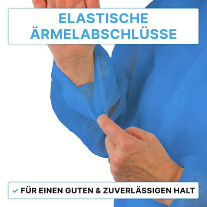 Eine Person zeigt die elastische Manschette des ARNOMED PROTECT PP-BESUCHERKITTEL BLUE Einweg Besuchermantels von ARNOWA GmbH. Oben: "Elastische Ärmelabschlüsse", unten: "Für einen guten & zuverlässigen Halt.
