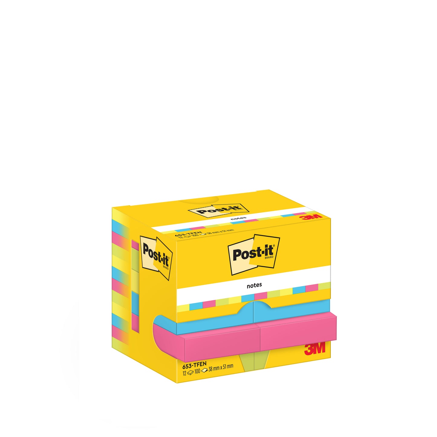 12-pak Post-it® Notes (38 x 51 mm, Energetic Collection) od 3M Deutschland GmbH z 100 arkuszami na blok, w żółtym ekologicznym pudełku (100% PEFC), idealny do organizacji biura - kolorowy i wyraźnie oznakowany.