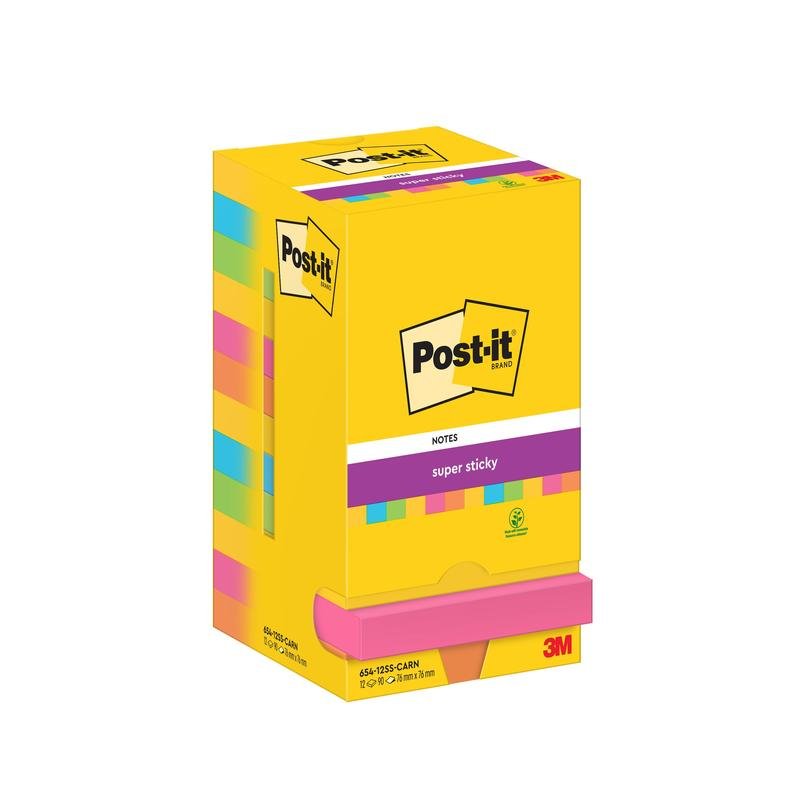 Żółte pudełko karteczek samoprzylepnych Post-it® Super Sticky Notes (76 mm x 76 mm, 90 arkuszy/blok) od 3M Deutschland GmbH, z różnymi blokami i logo Post-it.