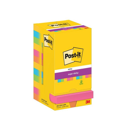Żółte pudełko karteczek samoprzylepnych Post-it® Super Sticky Notes (76 mm x 76 mm, 90 arkuszy/blok) od 3M Deutschland GmbH, z różnymi blokami i logo Post-it.
