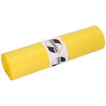 Eine Rolle DEISS Abfallsäcke 575x1000x0,018 mm aus HDPE 50 l von EMIL DEISS KG (GmbH + Co.), gelbe Säcke mit weißem Etikett und schwarzem "Universal"-Logo auf weißem Grund.