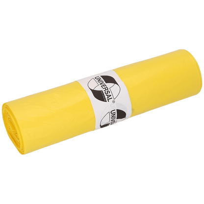Rolka worków na śmieci DEISS 575x1000x0,018 mm z HDPE 50 l od EMIL DEISS KG (GmbH + Co.), żółte worki z białą etykietą i czarnym logo "Universal" na białym tle.