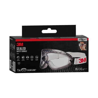 Pudełko okularów ochronnych 3M™ 2890, zapieczętowane, z przezroczystą soczewką od 3M Deutschland GmbH z funkcją przeciwmgielną, białą regulowaną taśmą, 99,9% ochroną UV i zdjęciem produktu na opakowaniu.