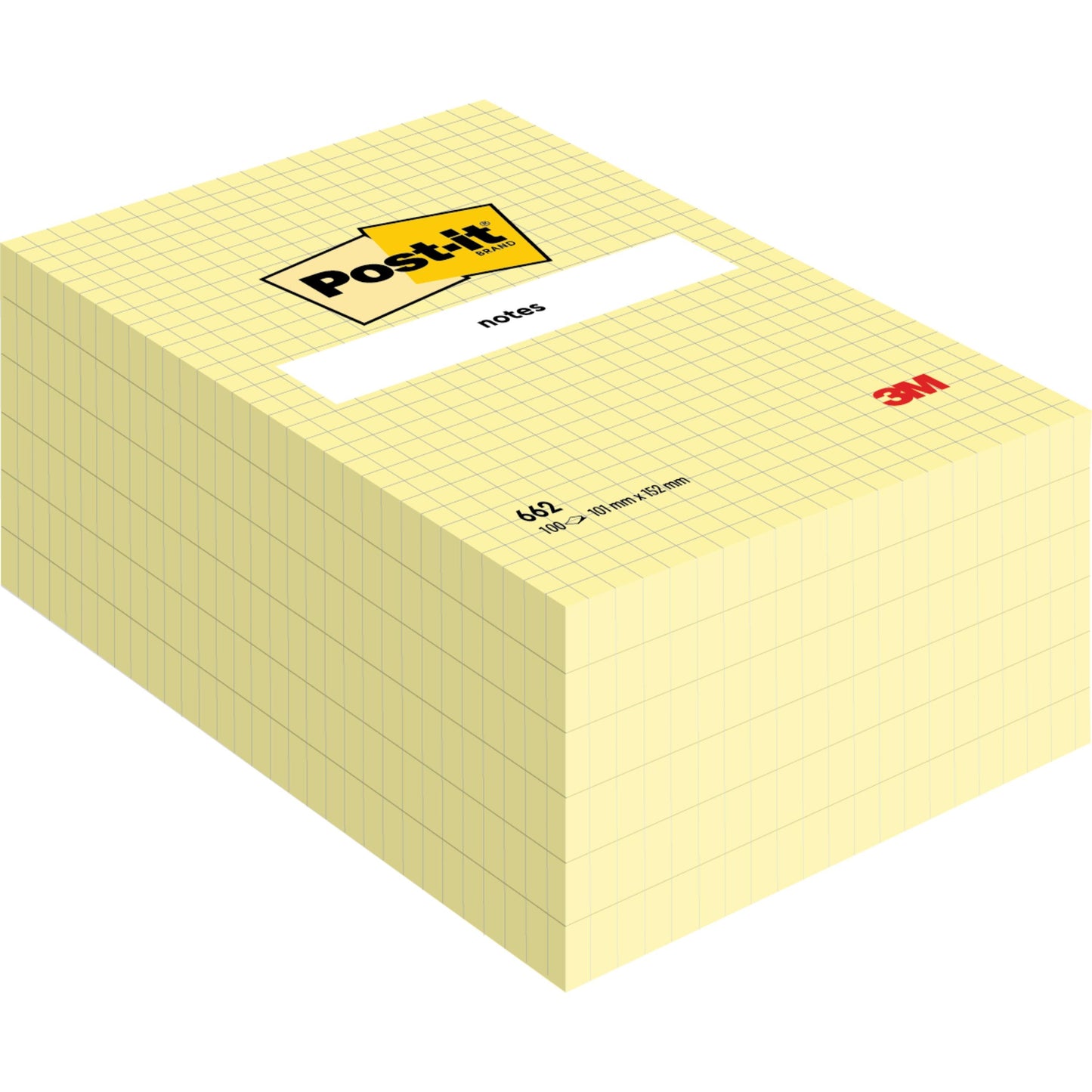 Stos kartek samoprzylepnych Post-it® Notes w dużym formacie, żółty, siatka (101 mm x 152 mm), 100 arkuszy/blok, 6 bloków/opakowanie od 3M Deutschland GmbH. Wykonane w 100% z papieru z certyfikatem PEFC (SGSCH-PEFC-COC-110078).