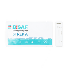 Abgebildet ist ein Strep A - Bisaf Professional 1 Test | Packung (1 Stück) von Altruan, der die Folientestpackung und die weiße Kassette mit der Aufschrift "Strep A" zeigt, die zum Nachweis von Strep-A-Antigenen bei Streptokokkenangina verwendet wird.