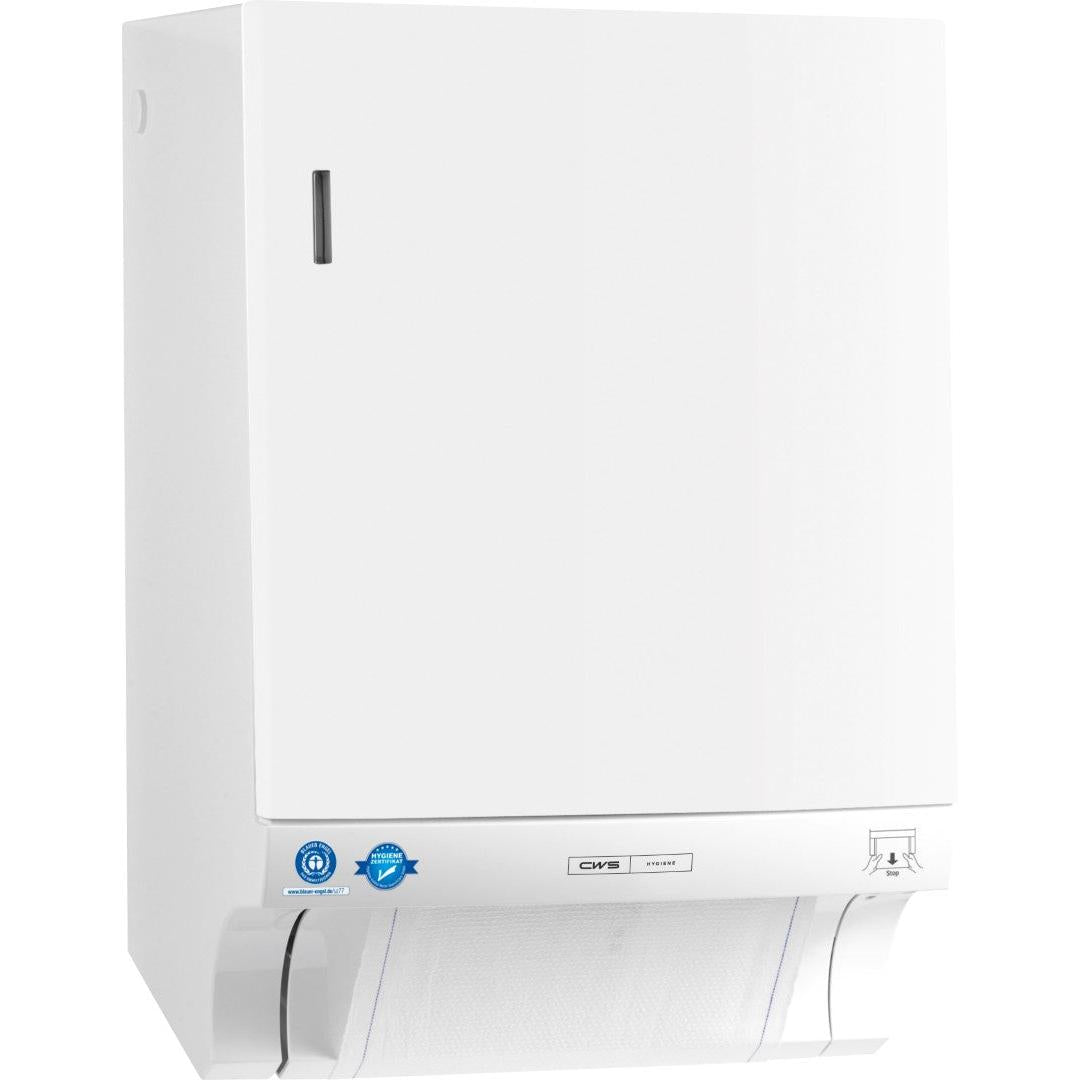 Dozownik ręczników materiałowych CWS ParadiseLine Dry Slim, smukły biały dozownik ścienny, posiada odsłonięty ręcznik u dołu oraz przednie symbole wskaźników i certyfikaty.
