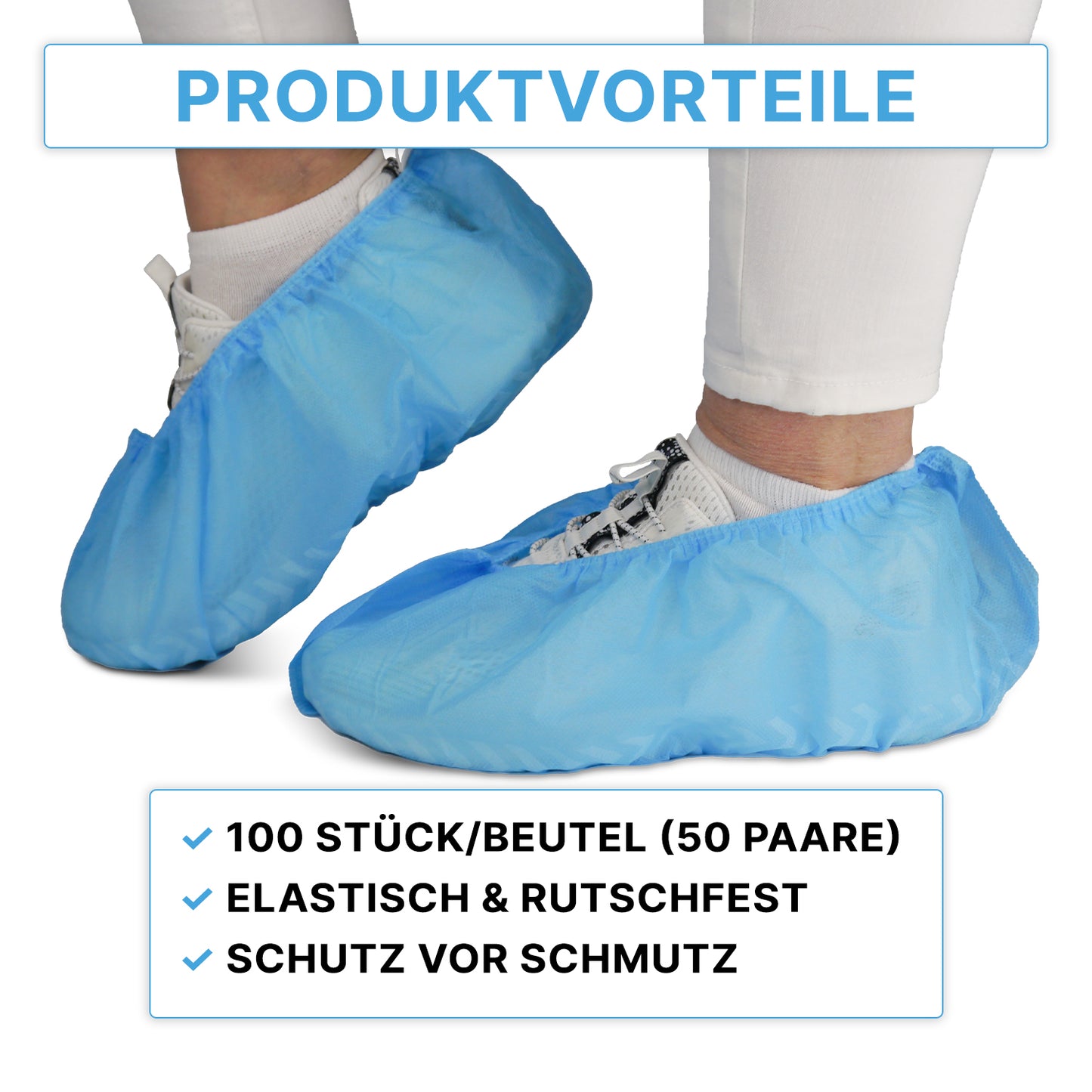 Zwei Füße tragen blaue ARNOMED ABS Schuhüberzieher von ARNOWA GmbH über weißen Schuhen. Der Text hebt die Vorteile hervor: 100 Einweg, rutschfest, elastisch, Schutz vor Schmutz.