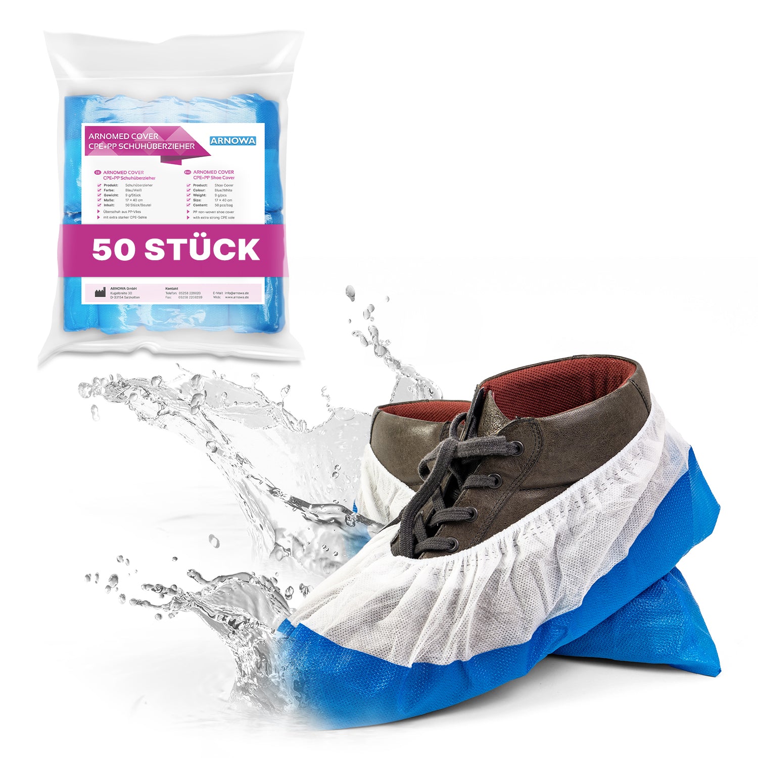 Ein "Beutel (50 Stück)" der ARNOMED CPE/PP Schuhüberzieher von ARNOWA GmbH enthält wasserdichte, blaue und weiße Einweg-Überzieher. Das spritzende Wasser betont den zuverlässigen Schutz und die Wasserdichtigkeit des Produkts.