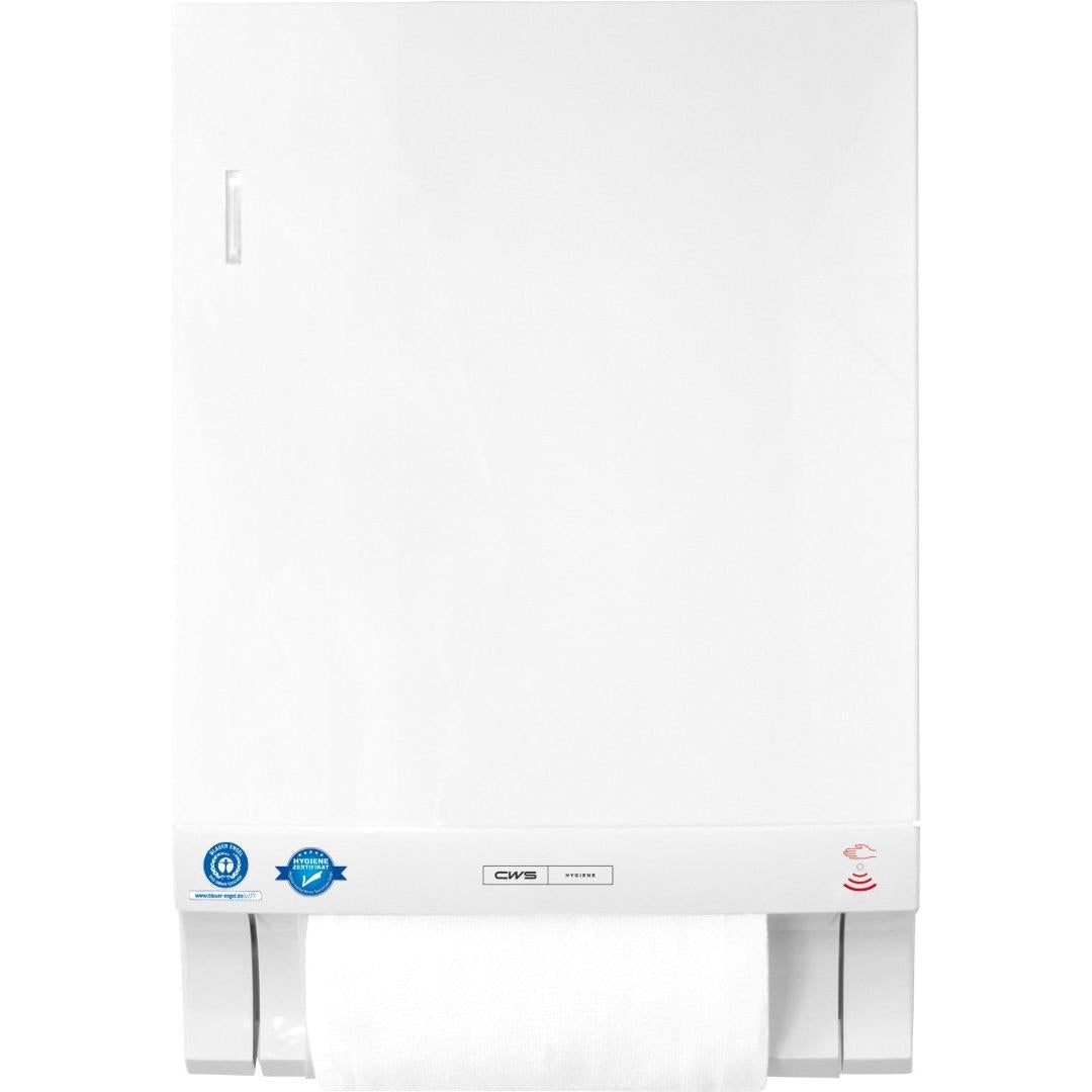 CWS ParadiseLine dozownik ręczników materiałowych Dry Slim Non-Touch, w tym panel biały, to biały dozownik ścienny, który oferuje higieniczne, bezdotykowe wydawanie ręczników; rolka jest częściowo wydawana na dole.