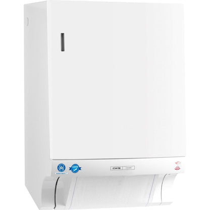 CWS ParadiseLine dozownik ręczników materiałowych Dry Slim Non-Touch, w tym panel biały, zapewnia higieniczne wydawanie ręczników dzięki bezdotykowej obsłudze.