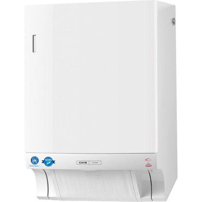 CWS ParadiseLine dozownik ręczników materiałowych Dry Slim Non-Touch (biały, 1 sztuka) to dozownik ścienny do higienicznego wydawania ręczników z widoczną płytą montażową i naklejką certyfikacyjną na lewej dolnej przedniej płycie.