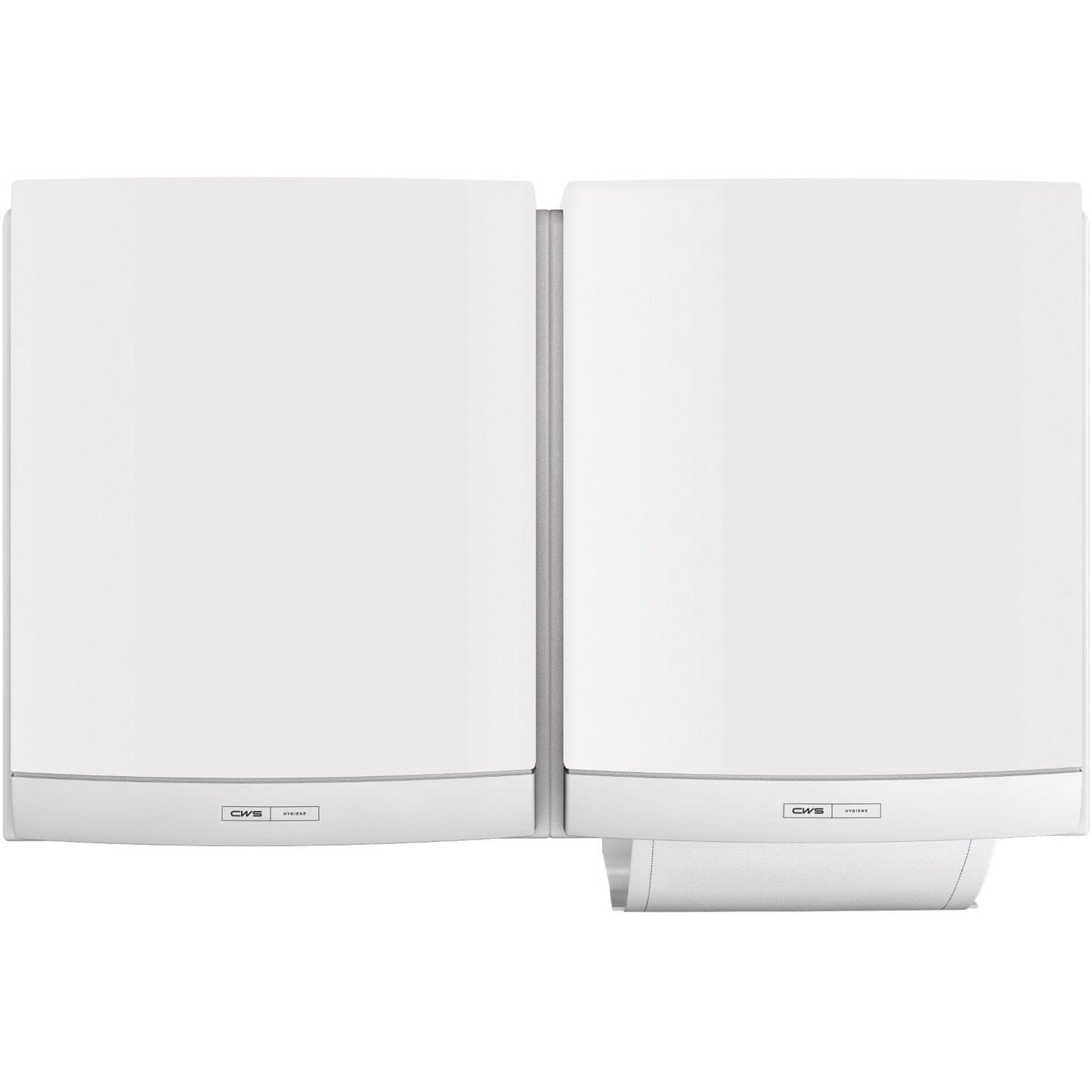 Dwa białe dozowniki ręczników materiałowych CWS ParadiseLine DUO z panelem są zamontowane obok siebie. Prawy dozownik pokazuje częściowo wydany ręcznik i oferuje higieniczne rozwiązanie z małymi etykietami w pobliżu podłogi. Marka: CWS.