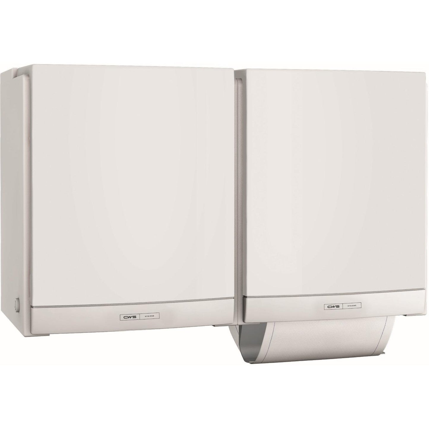 Dwa białe dozowniki ręczników materiałowych CWS ParadiseLine DUO, zamontowane obok siebie na ścianie i oznaczone etykietami, oferują ekologiczną opcję dla higienicznego rozwiązania w toalecie.