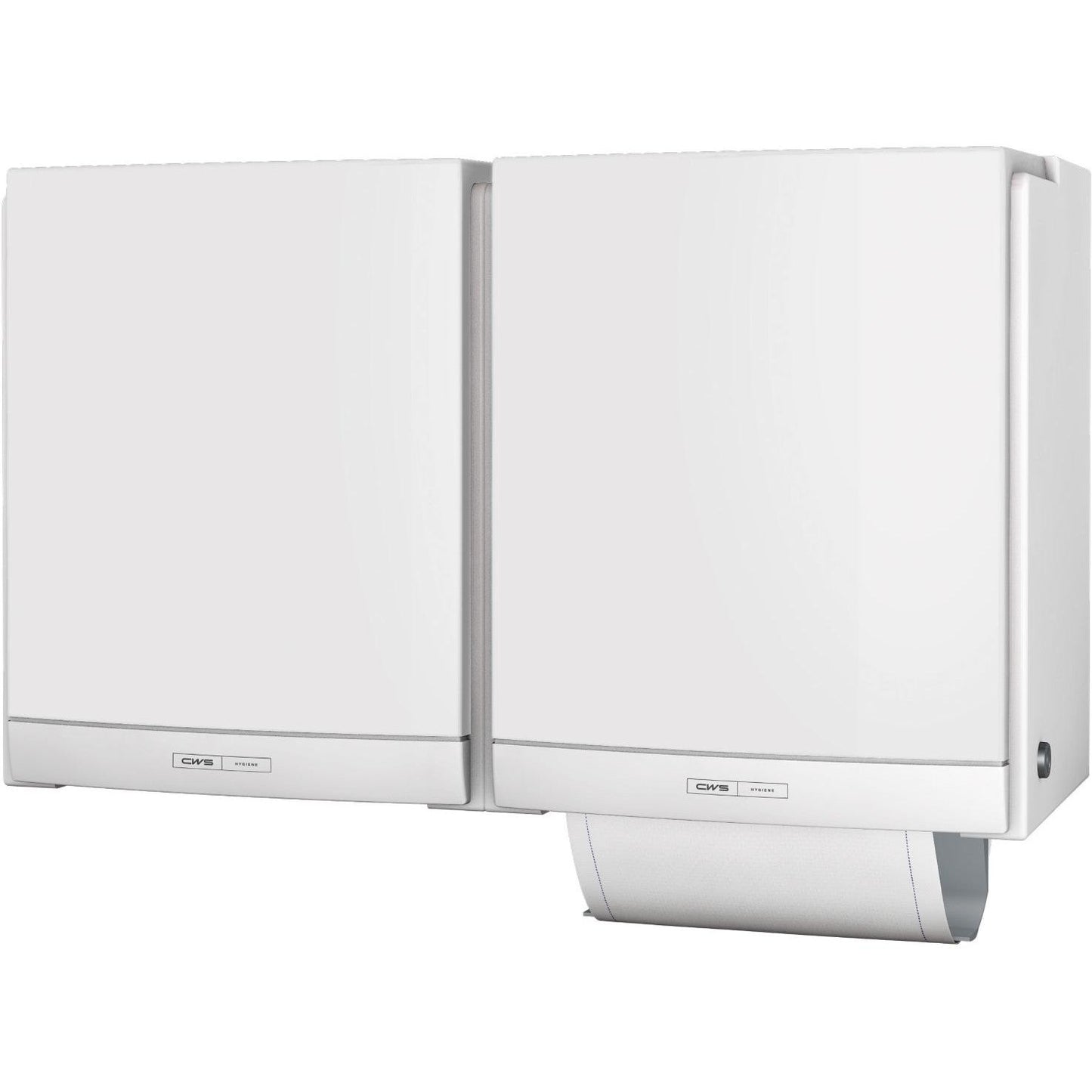 Dwa białe dozowniki ręczników materiałowych CWS ParadiseLine DUO z panelem w kolorze białym są zamontowane obok siebie i stanowią ekologiczne i higieniczne rozwiązanie dla toalet. Jeden ręcznik jest widoczny w ekologicznej jednostce.