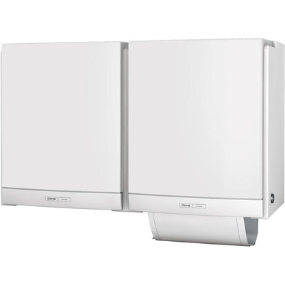 Dwa białe dozowniki ręczników materiałowych CWS ParadiseLine DUO z panelem w kolorze białym są zamontowane obok siebie i stanowią ekologiczne i higieniczne rozwiązanie dla toalet. Jeden ręcznik jest widoczny w ekologicznej jednostce.