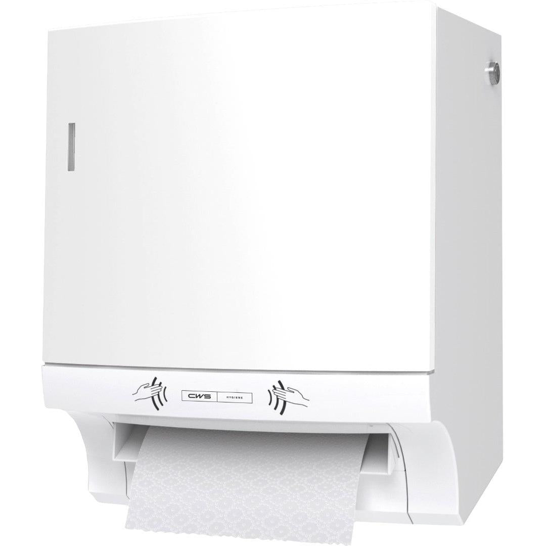 Podajnik ręczników papierowych CWS ParadiseLine Paperroll NT z panelem w kolorze białym to biały, montowany na ścianie dozownik z teksturowanym wydawaniem papieru i ikonami do higienicznego suszenia rąk - idealny do profesjonalnego użytku.