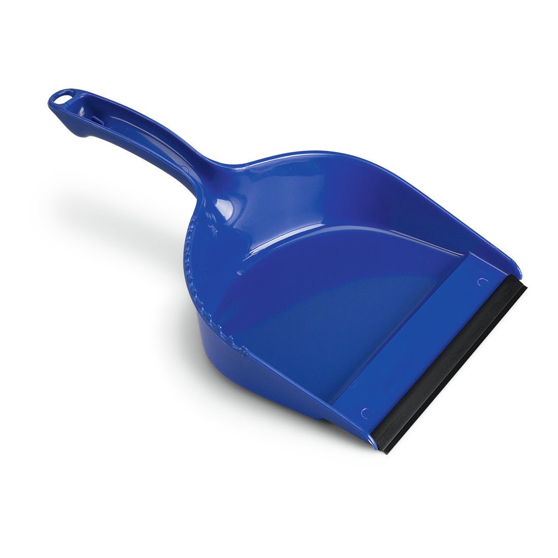 Niebieska plastikowa szufelka "Siena" marki Nölle Profi Brush (34x21 cm) z czarną gumową krawędzią, wyprodukowana przez Nölle Profi Brush Bürsten- & Pinseltechnik e.K., jest widoczna na białym tle; uchwyt skierowany jest do góry.