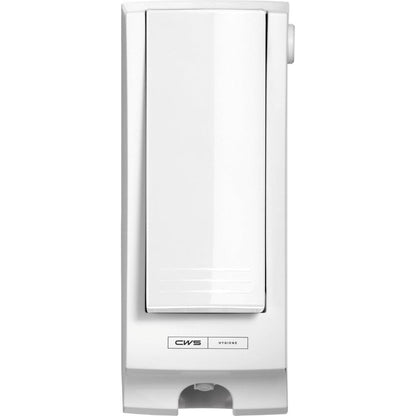 Biały dozownik do czyszczenia deski sedesowej CWS ParadiseLine SeatCleaner, w tym panel, przekonuje nowoczesnym, prostokątnym designem i delikatnymi liniami - etykieta na dole pokazuje "CWS Hygiene" dla czystości w każdym otoczeniu.