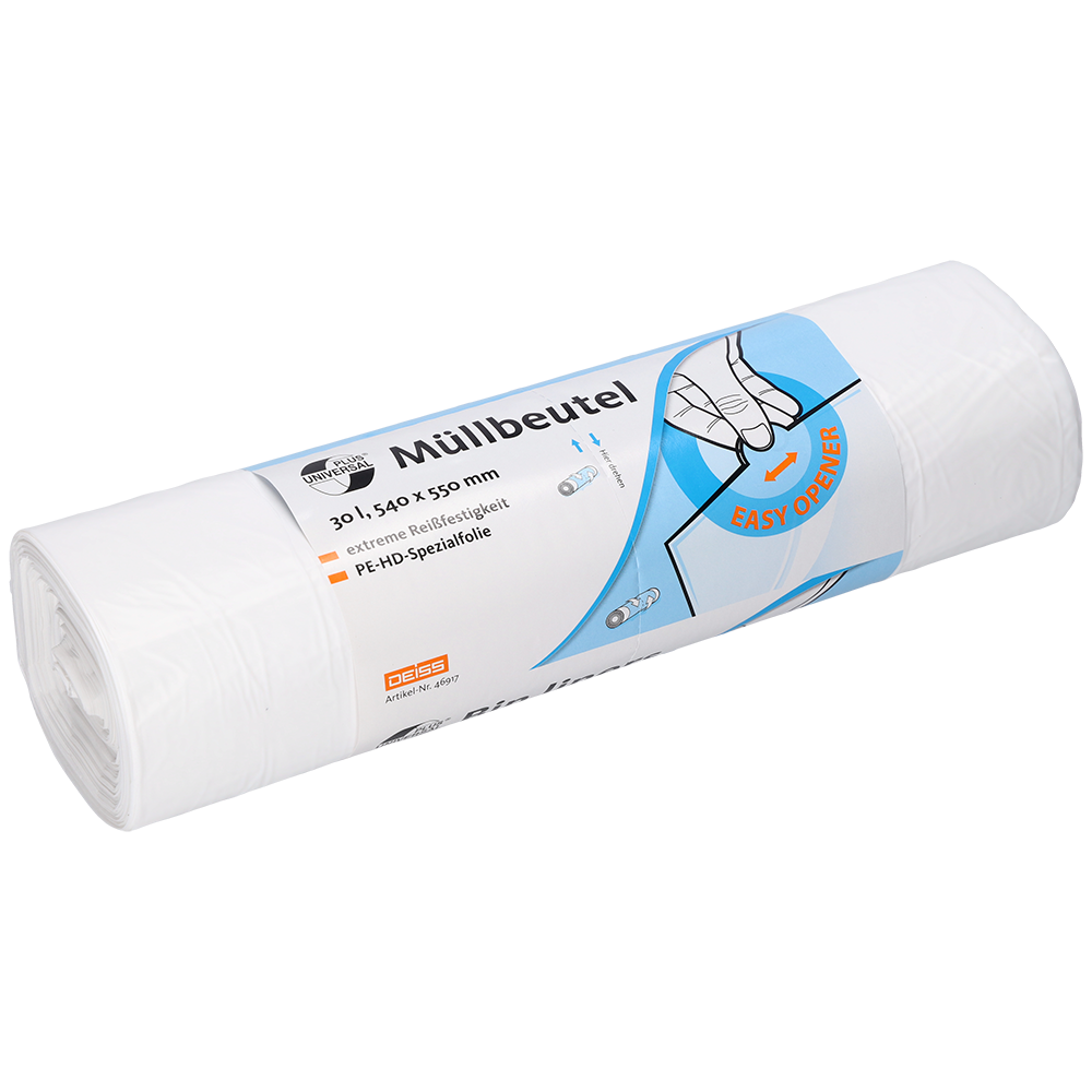 Rolka białych worków na śmieci DEISS 46917 (540x550x0,015 mm, 100 sztuk) od EMIL DEISS KG (GmbH + Co.) w plastikowym opakowaniu z niemiecką informacją i ilustracją do ręcznego odrywania - idealna do praktycznego usuwania odpadów.