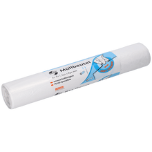 Rolka białych worków na śmieci EMIL DEISS KG DEISS 46923 (630x850x0,01 mm, 50 sztuk) ma niemieckie opakowanie z niebiesko-białą etykietą, która pokazuje rękę wyciągającą worek i podkreśla łatwe otwieranie oraz informacje o produkcie.