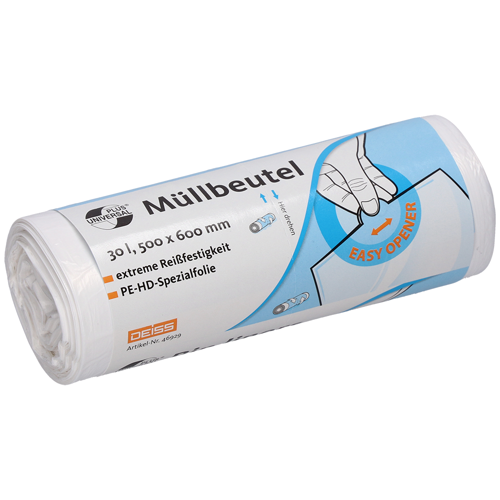 Rola białych worków na śmieci DEISS 500x600 mm z HDPE, 30 litrów, od EMIL DEISS KG (GmbH + Co.) z niemieckim tekstem podającym rozmiar i specyfikacje, z ilustracją ręki podkreślającą „EASY OPENER” i wskazówkami dotyczącymi odpornych na rozdarcia worków na śmieci.