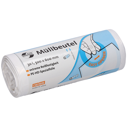 Rola białych worków na śmieci DEISS 500x600 mm z HDPE, 30 litrów, od EMIL DEISS KG (GmbH + Co.) z niemieckim tekstem podającym rozmiar i specyfikacje, z ilustracją ręki podkreślającą „EASY OPENER” i wskazówkami dotyczącymi odpornych na rozdarcia worków na śmieci.