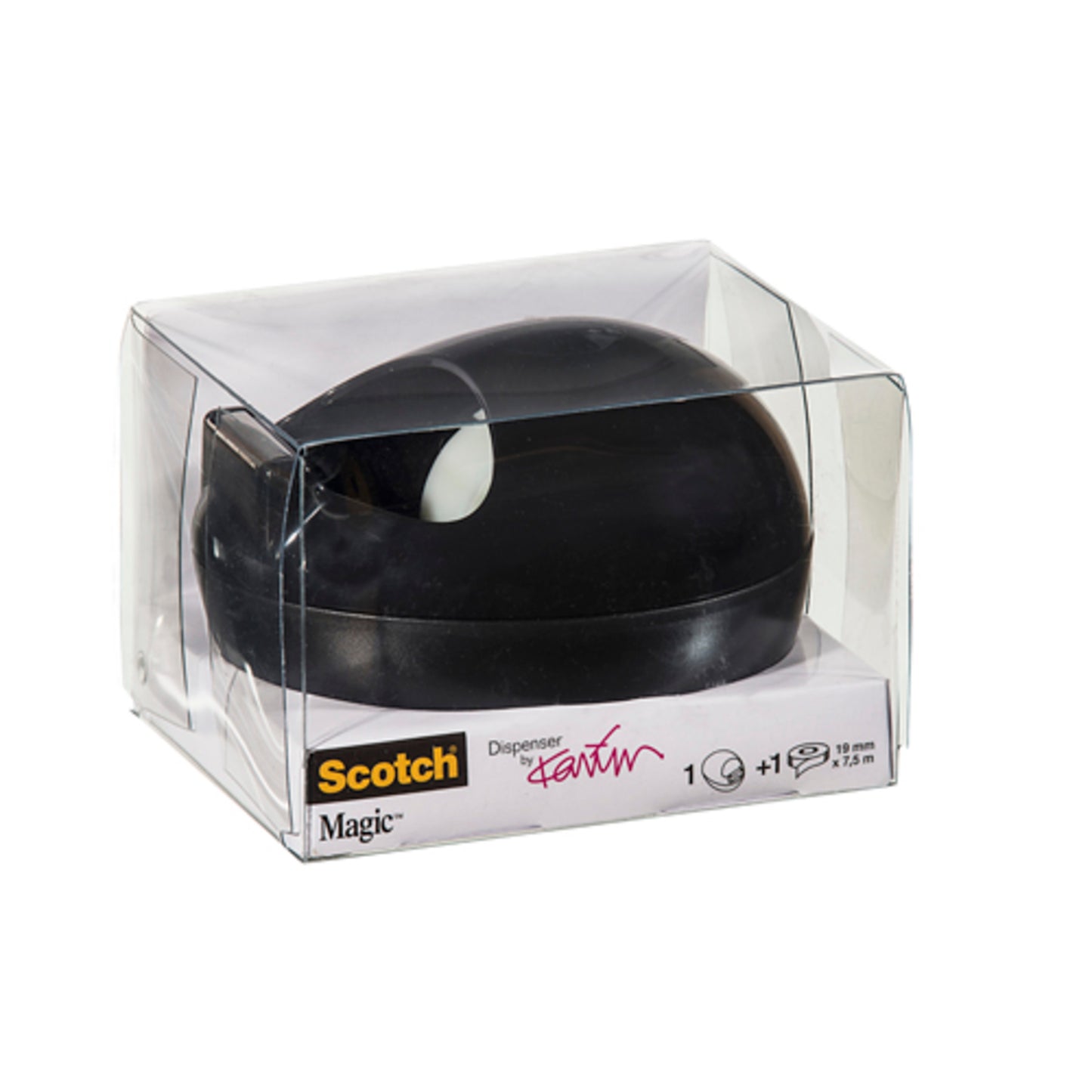 Scotch™ Karim Rashid Tischabroller od 3M Deutschland GmbH w kolorze czarnym znajduje się w przezroczystym opakowaniu z tworzywa sztucznego z widocznymi etykietami produktowymi i brandingiem z przodu i z boku.