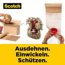 Osoba pakuje czerwoną wazę w opakowanie ochronne Scotch™ Cushion Lock™ 30,4 cm x 9,14 m od 3M Deutschland GmbH; inna osoba pakuje miskę. Niemiecki tekst: "Rozciągnij. Zawiń. Chroń.