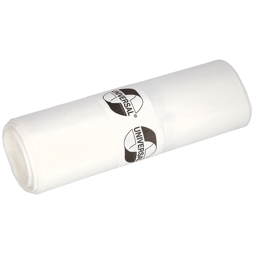 Rolka EMIL DEISS KG (GmbH + Co.) worków na śmieci DEISS 575x1000x0,018 mm z HDPE 50 l, zapakowana z papierową opaską z nadrukiem. Te solidne białe worki na śmieci są idealne do codziennego użytku. Przedstawione na jednolitym, jasnym tle.