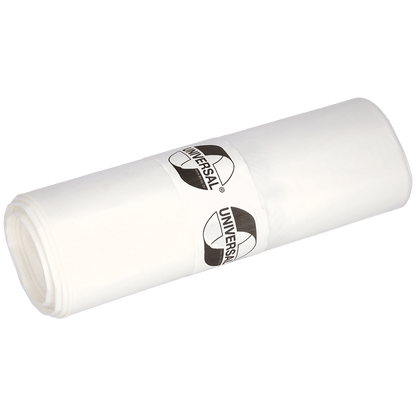 Rolka EMIL DEISS KG (GmbH + Co.) worków na śmieci DEISS 575x1000x0,018 mm z HDPE 50 l, zapakowana z papierową opaską z nadrukiem. Te solidne białe worki na śmieci są idealne do codziennego użytku. Przedstawione na jednolitym, jasnym tle.