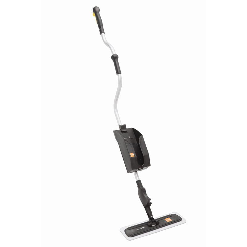 Urządzenie TASKI ProSpeed od Diversey Deutschland GmbH & Co. OHG, czarno-srebrny mop do szybkiego i łatwego nakładania powłok, z ergonomicznym designem i płaską, prostokątną głowicą, stoi pionowo na białym tle.