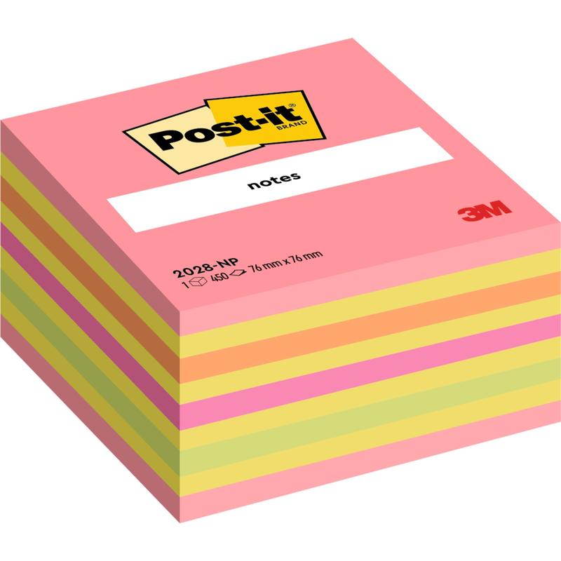 Kostka z 450 arkuszami karteczek samoprzylepnych Post-it® Notes (76 x 76 mm) firmy 3M Deutschland GmbH, z różowymi, żółtymi i zielonymi notatkami. Kod produktu: 2028-NP. Wykonane z papieru z certyfikatem 100% PEFC.