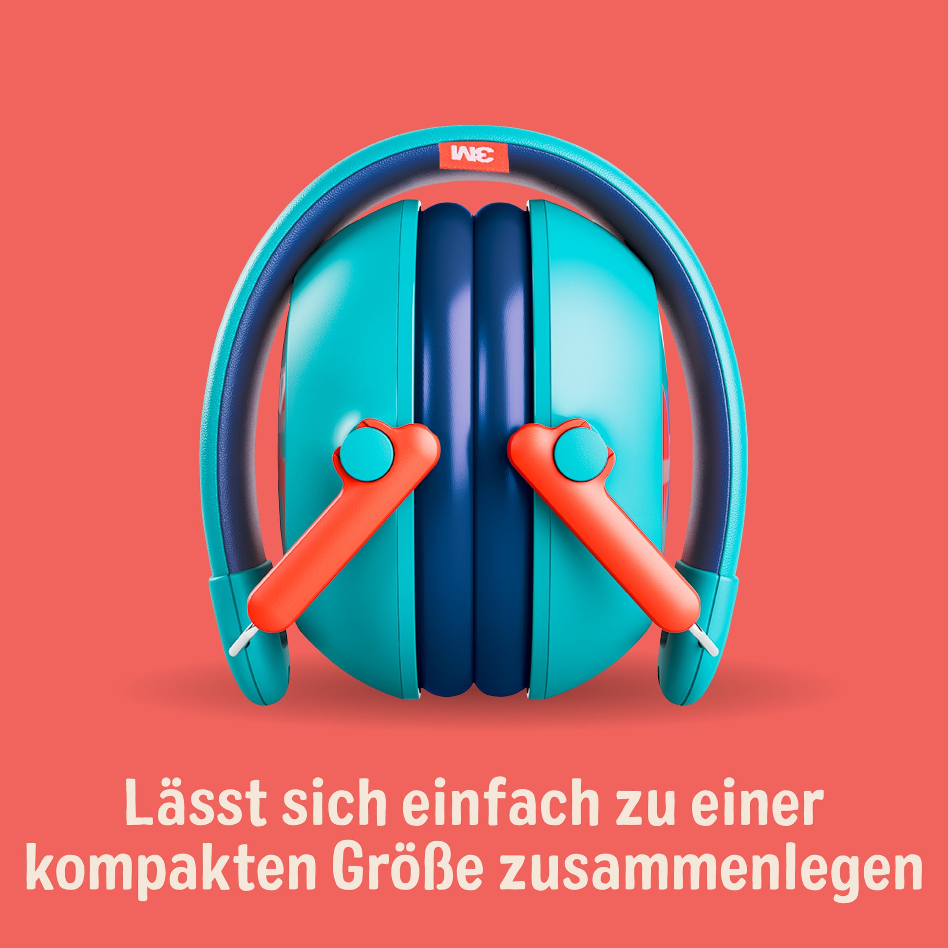 Ein Paar 3M™ Kinder Gehörschutz PKIDSP-TEAL-E (türkis, 87-98 dB) von 3M Deutschland GmbH ist kompakt zusammengefaltet auf korallefarbenem Hintergrund. Darunter steht: "Lässt sich einfach zu einer kompakten Größe zusammenlegen.