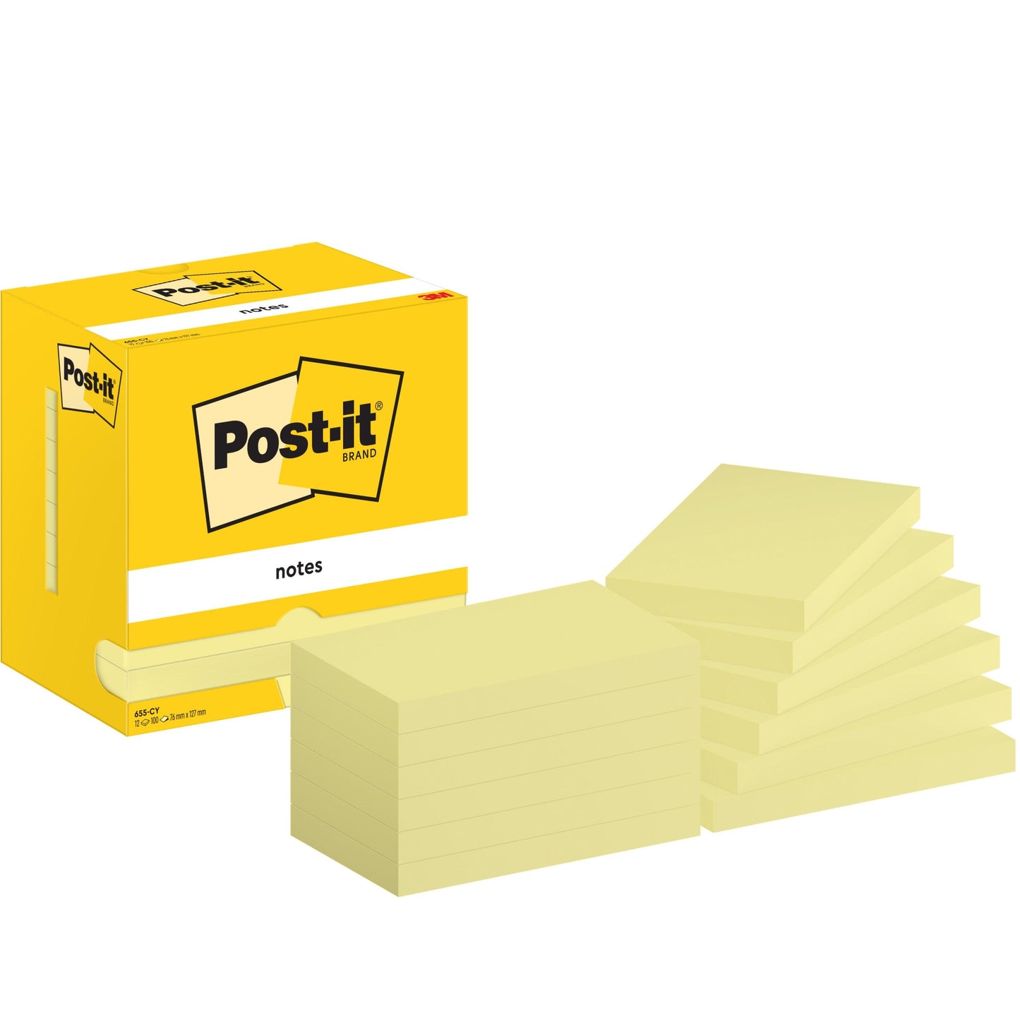 Żółte pudełko karteczek samoprzylepnych Post-it® Notes firmy 3M Deutschland GmbH (76 mm x 127 mm, 100 arkuszy/blok, 12 bloków/karton, żółte) jest przedstawione obok dziewięciu pojedynczych stosów żółtych bloków Post-it w rzędzie.