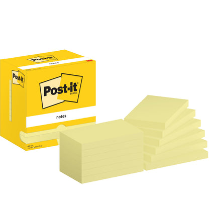 Żółte pudełko karteczek samoprzylepnych Post-it® Notes firmy 3M Deutschland GmbH (76 mm x 127 mm, 100 arkuszy/blok, 12 bloków/karton, żółte) jest przedstawione obok dziewięciu pojedynczych stosów żółtych bloków Post-it w rzędzie.