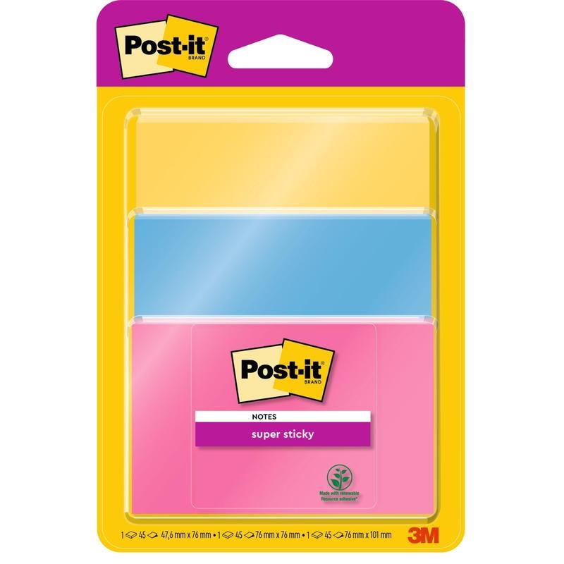 Opakowanie Post-it® Super Sticky Notes 3M Deutschland GmbH zawiera 3 bloki (po 45 arkuszy) w różnych kolorach i rozmiarach, certyfikowane przez PEFC (SGSCH-PEFC-COC-110078). Każdy blok ma wymiary 4,7 x 7,6 cm.