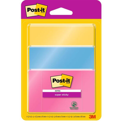 Opakowanie Post-it® Super Sticky Notes 3M Deutschland GmbH zawiera 3 bloki (po 45 arkuszy) w różnych kolorach i rozmiarach, certyfikowane przez PEFC (SGSCH-PEFC-COC-110078). Każdy blok ma wymiary 4,7 x 7,6 cm.