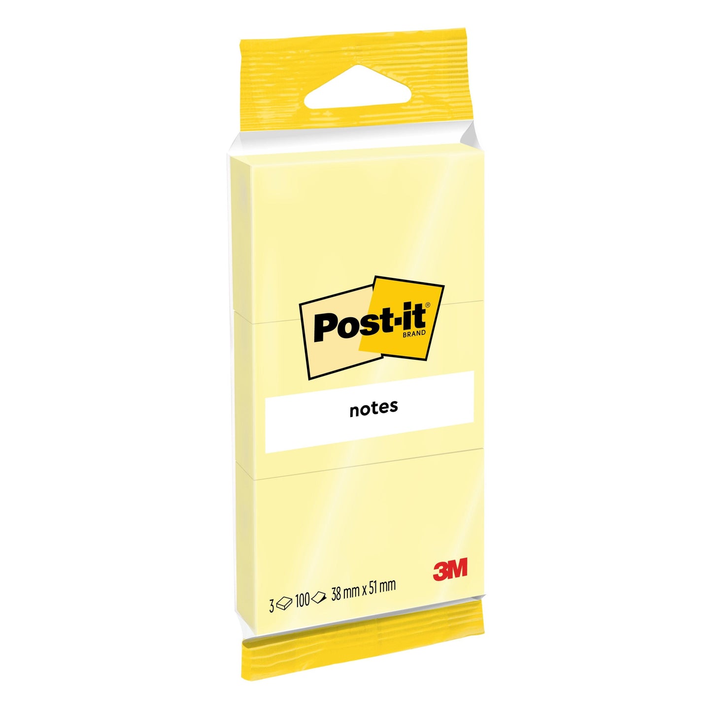 Opakowanie karteczek samoprzylepnych Post-it® Notes 6810GB, 38 x 51 mm, żółte, 3 bloki po 100 arkuszy od 3M Deutschland GmbH; idealne karteczki do przypomnień, wykonane w 100% z papieru z certyfikatem PEFC (SGSCH-PEFC-COC-110078).