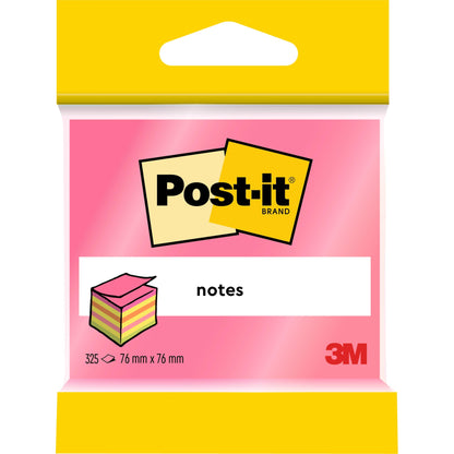 Opakowanie kostek karteczek samoprzylepnych Post-it® od 3M Deutschland GmbH oferuje 325 różowych i żółtych karteczek (76 mm x 76 mm) na blok. Są idealne na co dzień w biurze i wykonane z papieru w 100% certyfikowanego przez PEFC (SGSCH-PEFC-COC-110078).