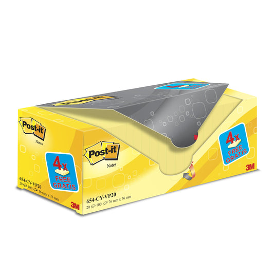 Eine gelbe Schachtel Post-it® Notes (76x76 mm, 100 Blatt/Block) von 3M Deutschland GmbH mit "4x Gratis" auf der Packung. Der Karton enthält 16 Blöcke + 4 kostenlose, selbstklebende Notizen und ist PEFC-zertifiziert.